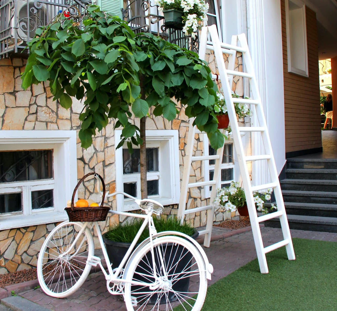 white step through bicycle leaning beside tree plant