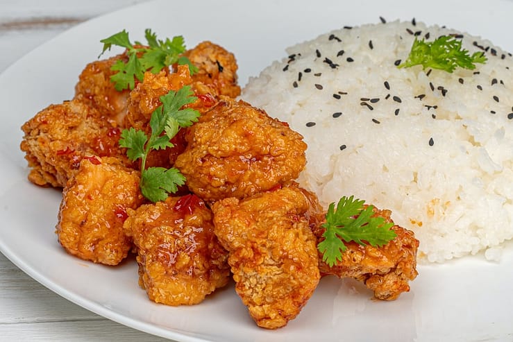 orange chicken and rice on a plate