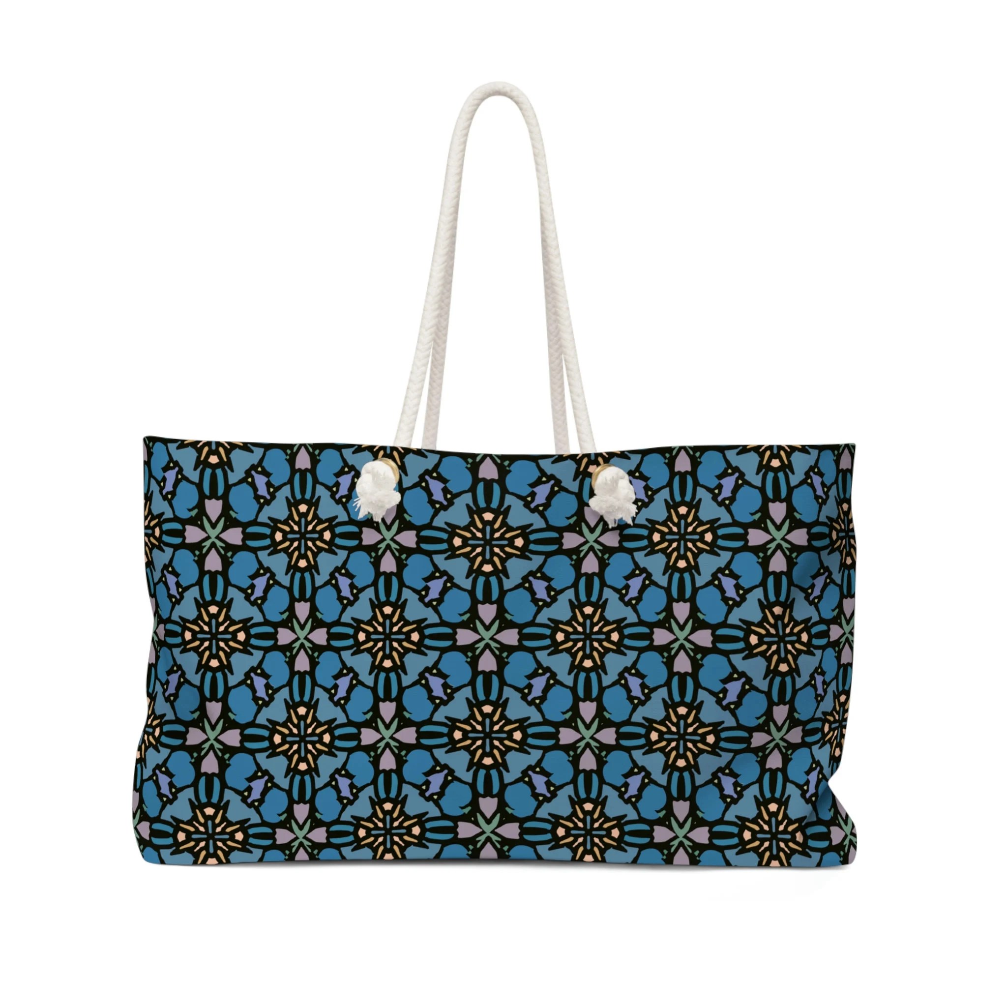 Weekender Tote Bag With Rope Handles + Lined Interior | Blue Mandala Design
