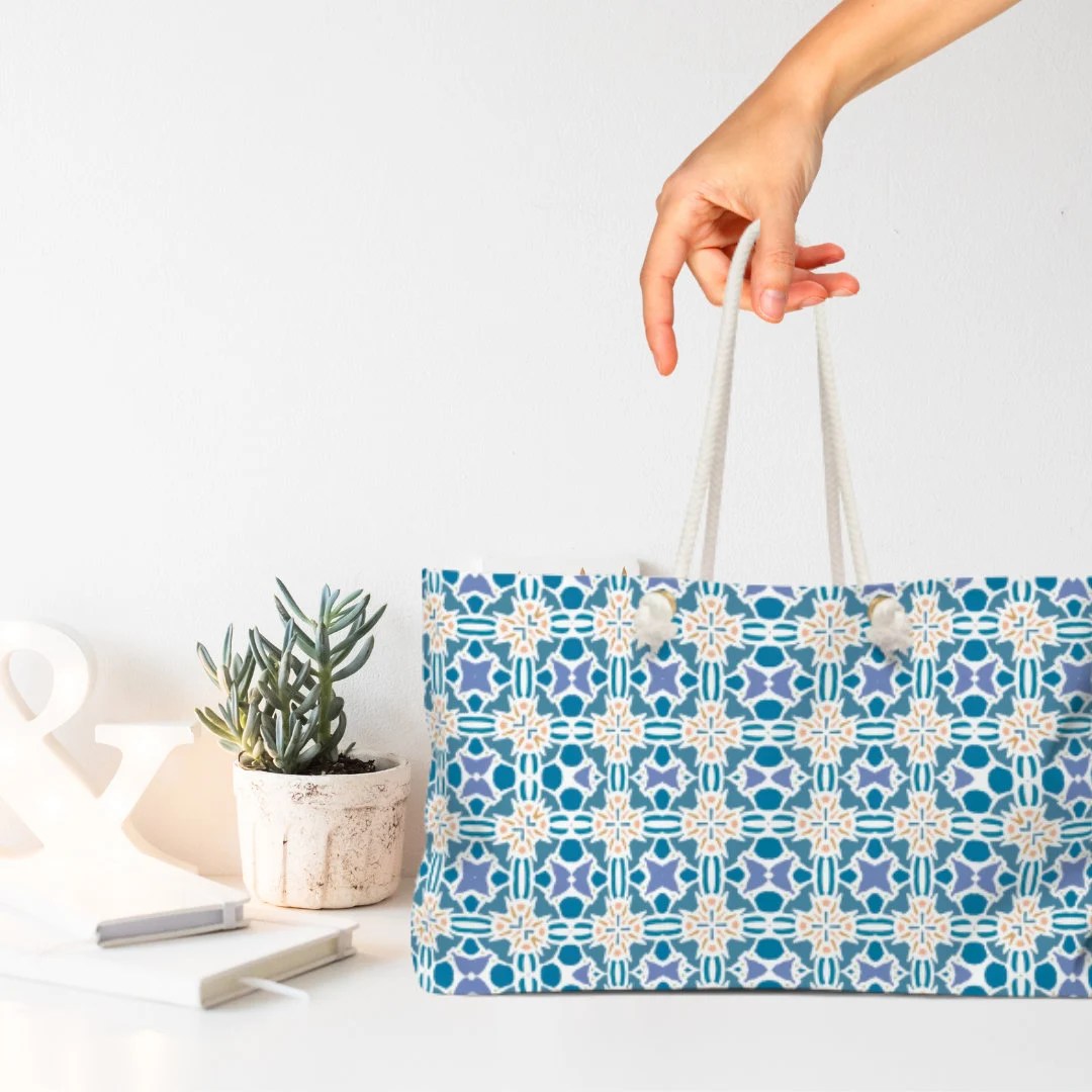 Weekender Tote Bag With Rope Handles + Lined Interior | Blue Pinwheels