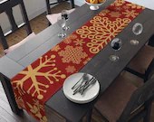 Table Runner | Christmas Snowflakes Red and Gold | Cater Your Holiday Table With Seasonal Decor