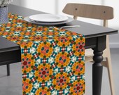 Modern Table Runner With Seasonal Theme  | 90 Inches Long | Sunny Orange Grove Flower Patches