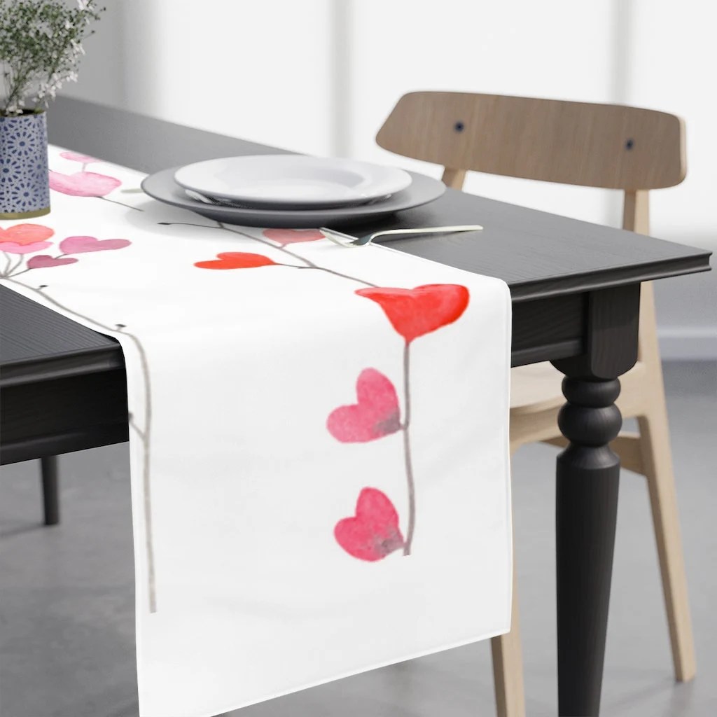 Modern Table Runner With Seasonal Theme  | 90 Inches Long | Heart Vines Valentine Design
