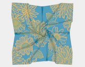 50 Inch Square Scarf Head Wrap or Tie | Blue Yellow Summer Blooms | Silky Soft Chiffon Material