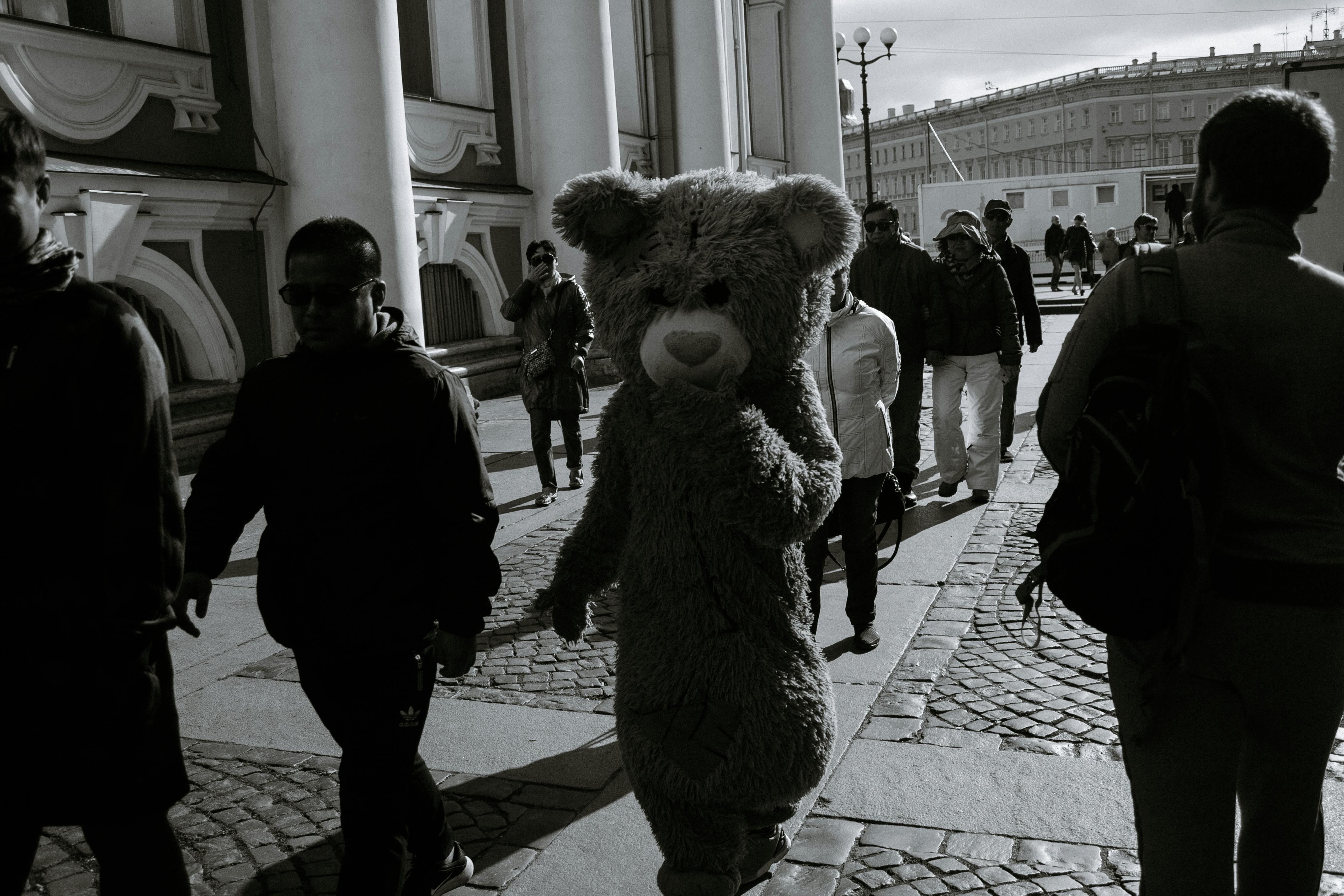 Black and white of tourists and actor dresses as bear  walking near Winter palace in Saint Petersburg Russia on sunny day