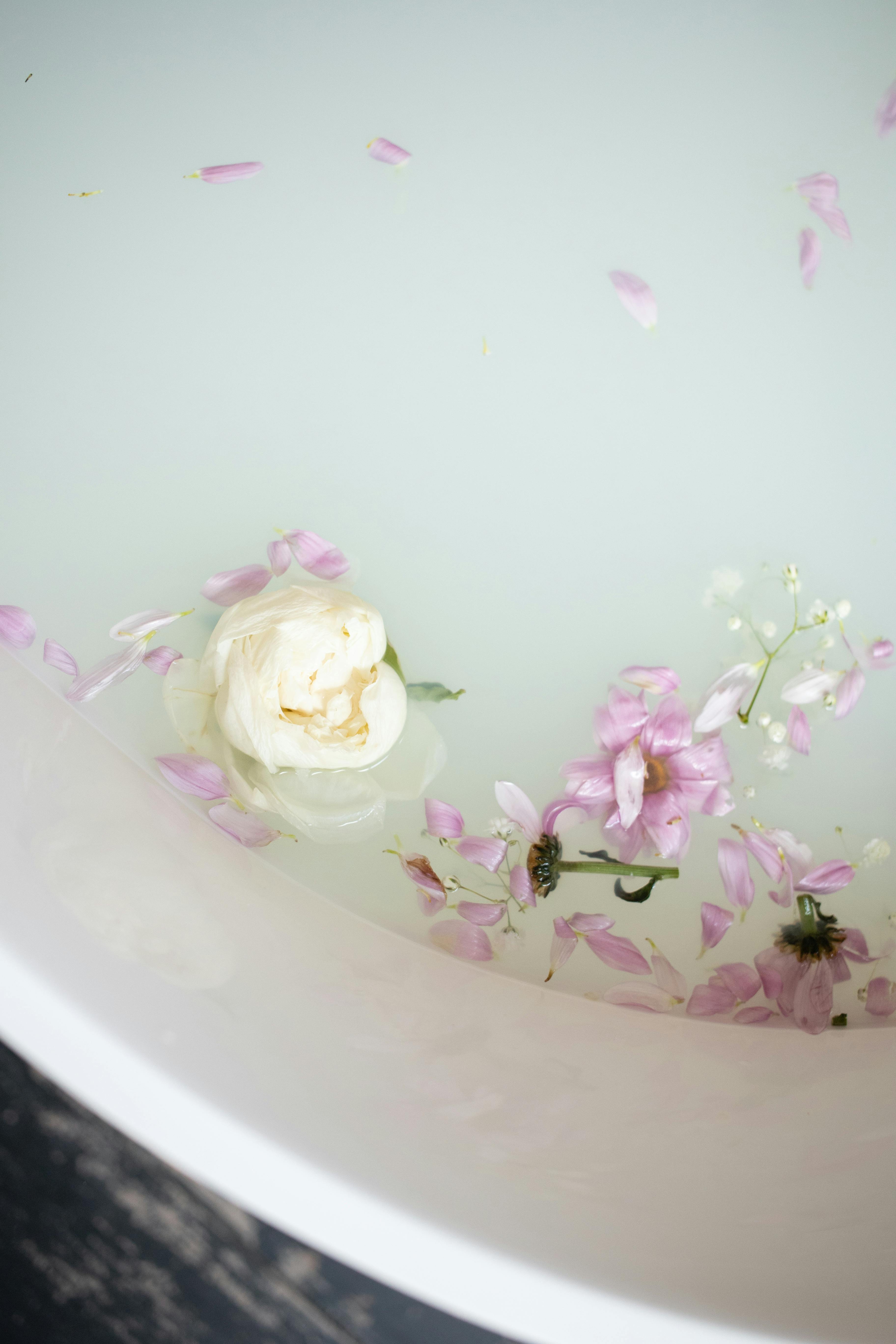 Close-up of Flower Heads and Petals in a Bathtub 